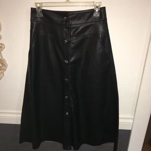 Zara A-line midi faux leather black skirt - gold hardware